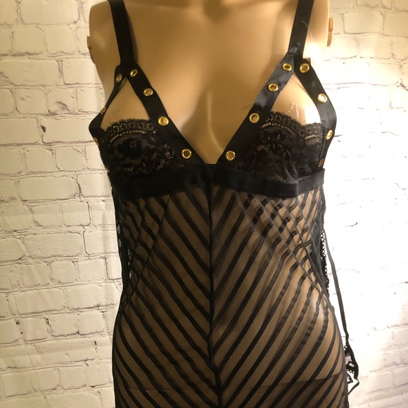 NWT Seven ‘til Midnight Shadow stripe & lace Chemise Grommet detail Lace up Sz L - Picture 3 of 12